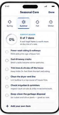 Seasonal Care screen of the NextPorch homeowner app